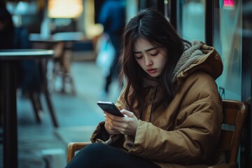 Young woman sitting outside, focused on her smartphone.