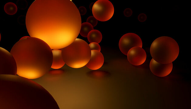 Abstract 3D rendering of glowing orange balls in a dark space.