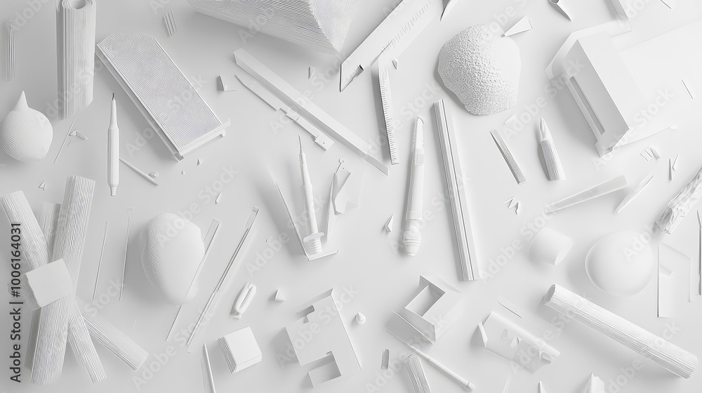 Poster a collection of abstract supplies floating in a 3d space, each tool deconstructed into simple, sharp