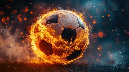Fototapeta premium Soccer Ball Engulfed in Flames in Dramatic Fiery Motion