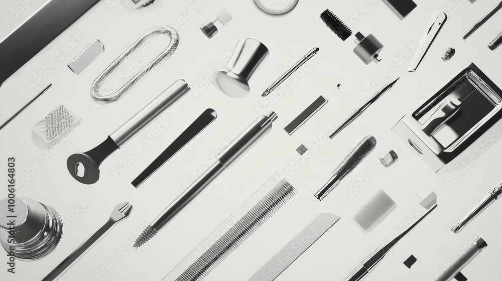 Poster a collection of abstract supplies floating in a 3d space, each tool deconstructed into simple, sharp