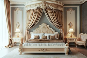 luxury classic royal bedroom with apricot elegant traditional royal wooden bed with canopy royal beds and elegant intricate carving frame and vintage mirror 