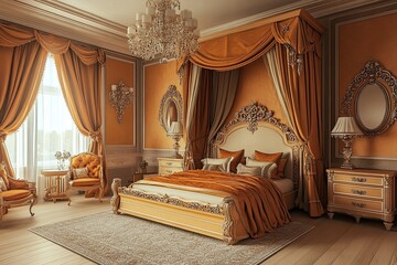 luxury classic royal bedroom with apricot elegant traditional royal wooden bed with canopy royal beds and elegant intricate carving frame and vintage mirror 