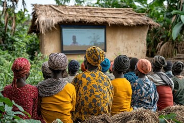 Group of People Watching a Video on a Screen in a Rural Setting