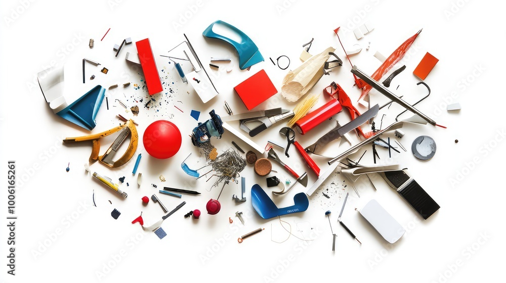 Poster a collection of abstract supplies floating in a 3d space, each tool deconstructed into simple, sharp