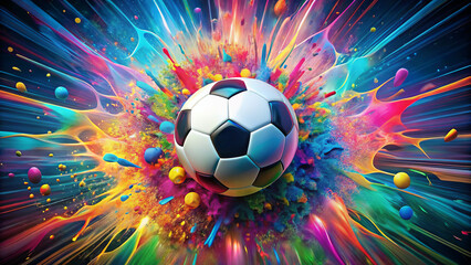Fototapeta premium vibrant soccer ball bursts forth from kaleidoscope of colorful splashes, creating energetic and dynamic visual. explosion of colors adds excitement and movement to scene