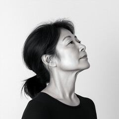 photo of a middle-aged Asian woman's bust on a transparent background, monochromatic colors