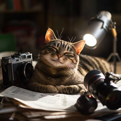  Happy calm domestic cat lying on a work desk full of documents