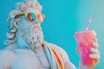 Contemporary Zeus Statue with Pink Drink and Sunglasses