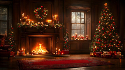 Cozy Christmas Fireplace with Decorated Tree and Gifts