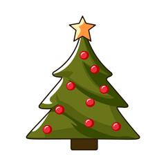 Festive Christmas tree - vector illustration. Decorated green Christmas tree with balls and golden star Happy New Year and Merry Christmas