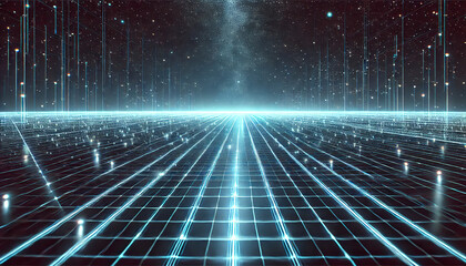 A vast, glowing digital grid extends into the horizon, creating a futuristic, sci-fi landscape