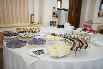 A sweet buffet with cakes and mousses.