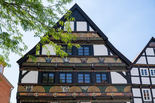 Half-timbered house known as Adam and Eva house in Paderborn, North Rhine-Westphalia, Germany.