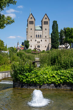 Abdinghof church and Pader fountain in Paderborn, North Rhine-Westphalia, Germany