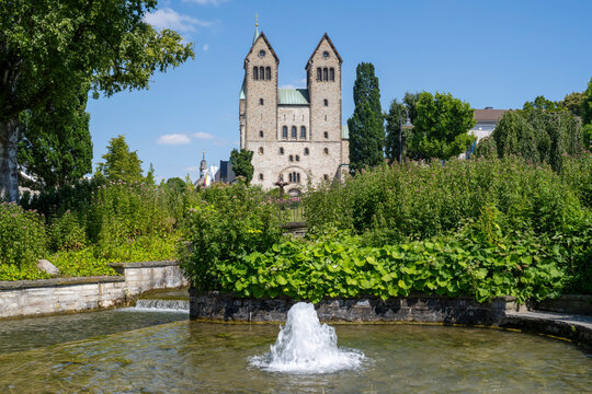 Abdinghof church and Pader fountain in Paderborn, North Rhine-Westphalia, Germany
