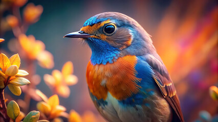 Obraz premium vibrant songbird with striking blue and orange plumage perched among colorful foliage, showcasing natures beauty and vivid colors