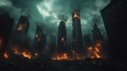 Obraz premium Post-Apocalyptic City with Burning Skyscrapers and Debris in a Dark Urban Landscape