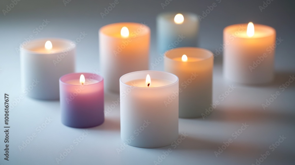 Poster a group of candles in different colors and sizes is positioned in a loose circle. the soft flames il