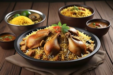 Delicious spicy chicken biryani in bowl on wooden table