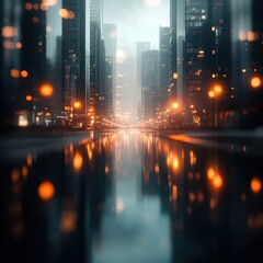 Obraz premium A serene cityscape at twilight, featuring glimmering reflections on wet streets amidst towering skyscrapers, Ideal for urban-themed projects, marketing, or inspirational visuals,