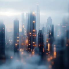 Fototapeta premium A misty urban skyline features towering skyscrapers illuminated by warm lights, creating an atmospheric scene, Ideal for projects focused on city life, architecture, or modernity,