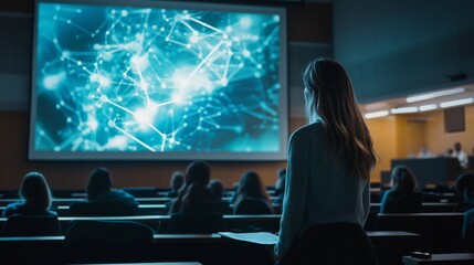 Youthful educator delivering an engaging data science lecture in a dim hall, showcasing AI neural network structure on a slideshow, inspiring startup ideas and learning.