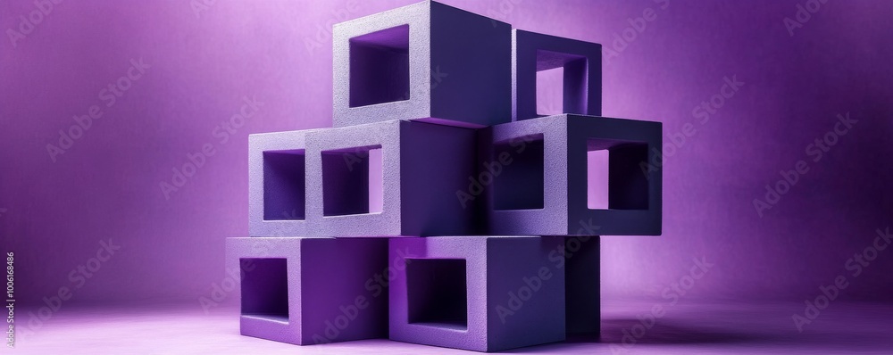 Poster stacked geometric purple blocks on gradient background. abstract art and design concept