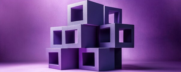 stacked geometric purple blocks on gradient background. abstract art and design concept