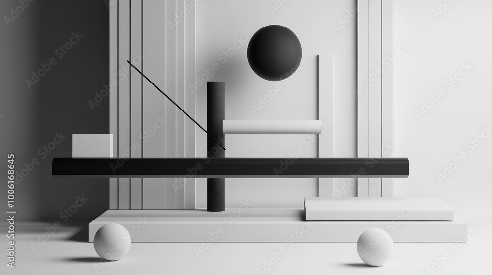 Poster a floating arrangement of abstract supplies in sharp, monochrome tones, designed with clean lines an