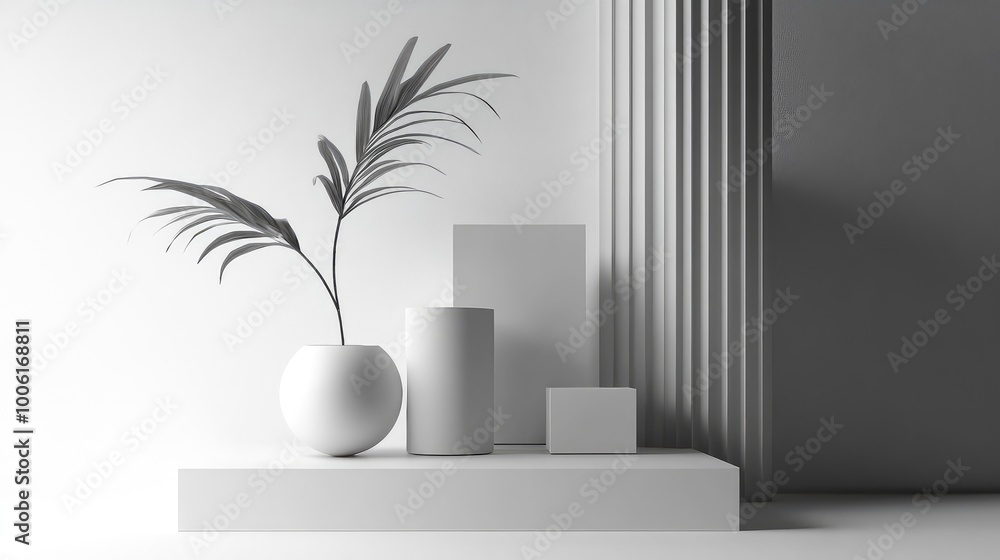 Poster a floating arrangement of abstract supplies in sharp, monochrome tones, designed with clean lines an