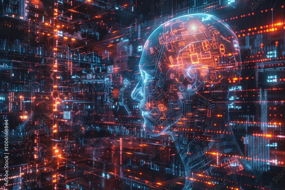 Poster exploring the convergence of technology and humanity in a futuristic digital landscape brimming with