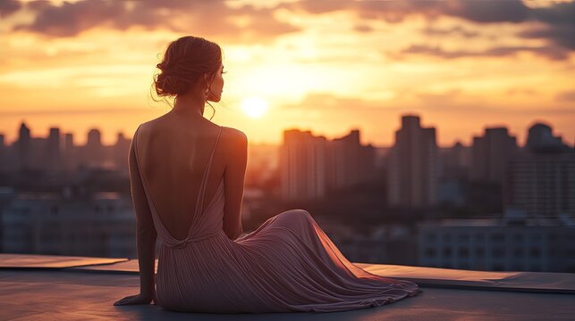 A woman in a flowing dress sits on a rooftop, gazing at a vibrant sunset over a city skyline.