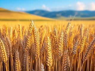 Fototapeta premium A detailed close-up panoramic view of golden wheat fields gently swaying in the breeze under a clear azure sky during a vibrant sunset. Warm sunlight casts a golden glow over the landscape.