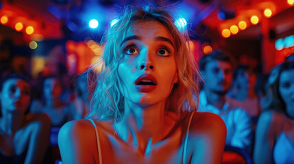 A young woman stares wide-eyed in shock and awe while watching a movie in a dimly lit cinema. Vibrant blue and red lighting enhances her expression of amazement.