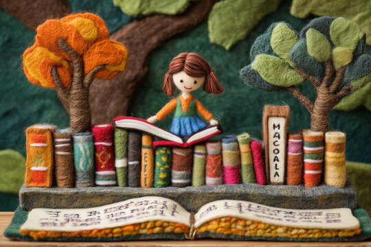 school girl doll reading a book library 