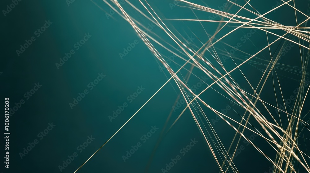 Poster a minimalistic abstract background of thin, intersecting lines in gold against a dark teal backgroun