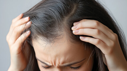 Naklejka premium A young woman is concerned about hair loss. She's brushing her hair and noticing strands falling out. She looks worried about the thinning hair on her scalp.