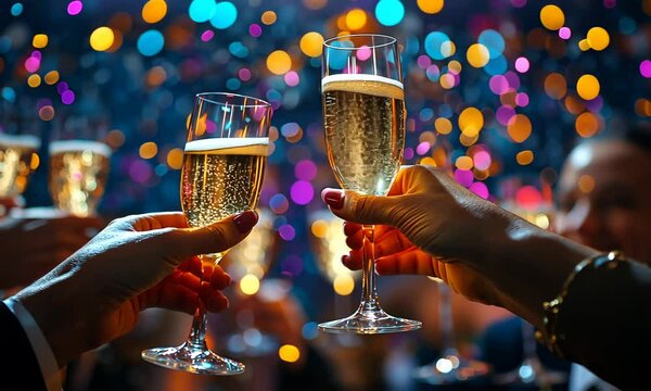 Elegant New Year&acirc;&euro;&trade;s Eve party with guests dressed in formal attire, toasting with champagne under sparkling decorations and confetti. . Video