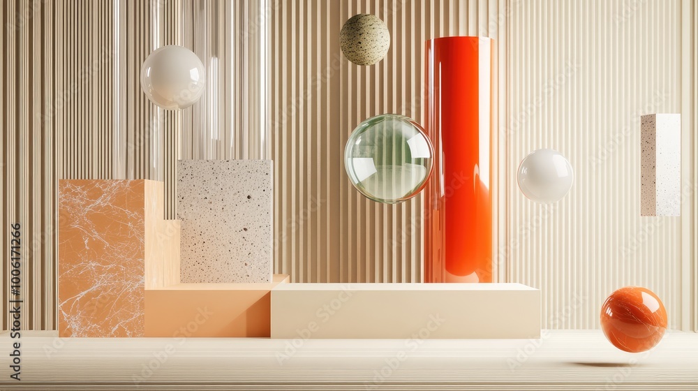 Poster a series of floating, abstract supplies in sharp, modern shapes, suspended in a minimalistic 3d envi