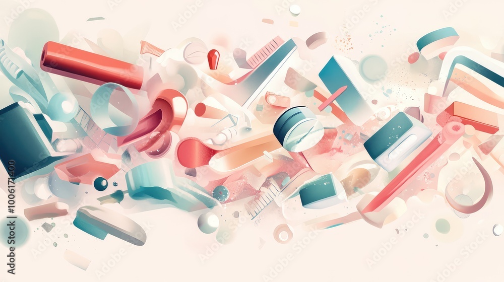 Poster a swirl of abstract supplies floating in soft, pastel tones, each tool symbolized by geometric shape