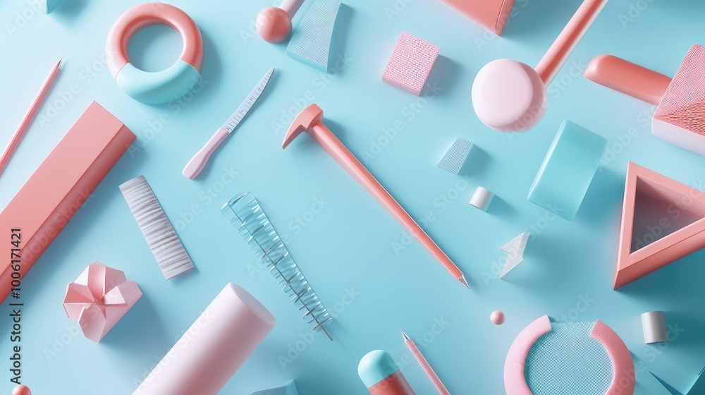 Poster a swirl of abstract supplies floating in soft, pastel tones, each tool symbolized by geometric shape