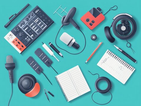 A flat lay of podcasting equipment including a high-quality microphone, headphones, audio mixer, and a notebook with show notes, highlighting the tools needed for a successful podcasting hobby