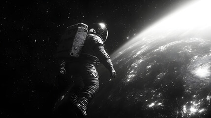 Fototapeta premium Astronaut Floating in Monochrome Space Scene