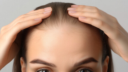 Fototapeta premium A young woman points to bald patches on her forehead and temples. She's experiencing hair loss, which could be due to alopecia, a condition that causes hair loss.