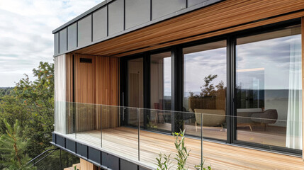 A modern, minimalist balcony with large sliding glass doors, a wooden floor, and a glass railing overlooking a scenic forest view.