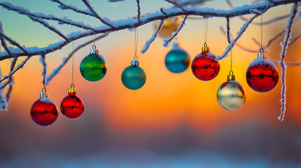 Colorful Ornaments on Snowy Branches During Winter Sunset
