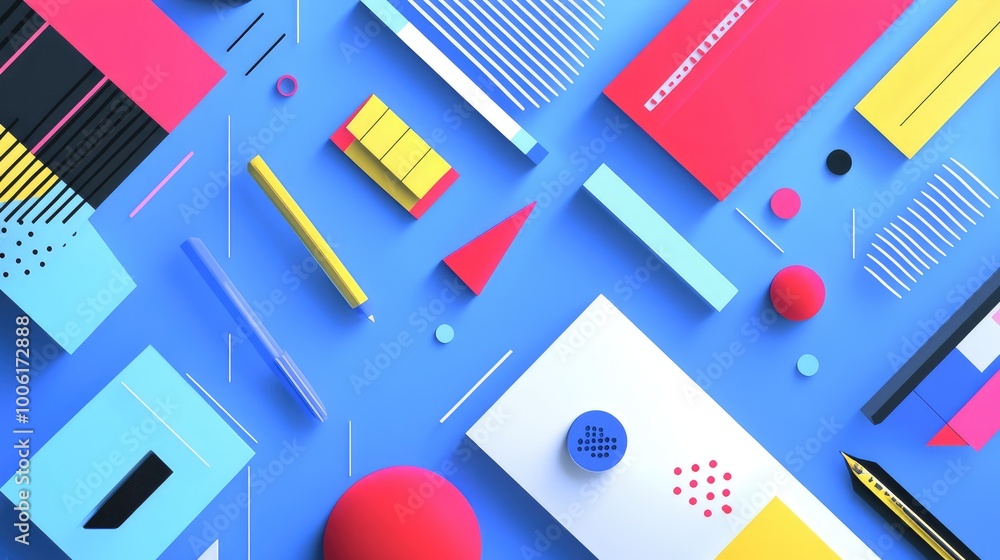 Poster abstract geometric shapes representing supplies, scattered across a sharp, clean background, blendin