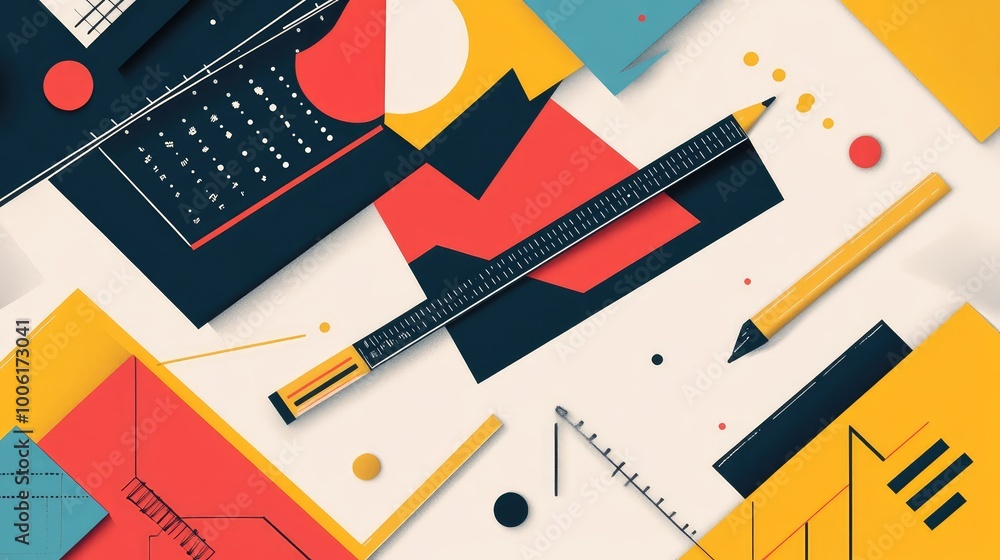 Poster abstract geometric shapes representing supplies, scattered across a sharp, clean background, blendin