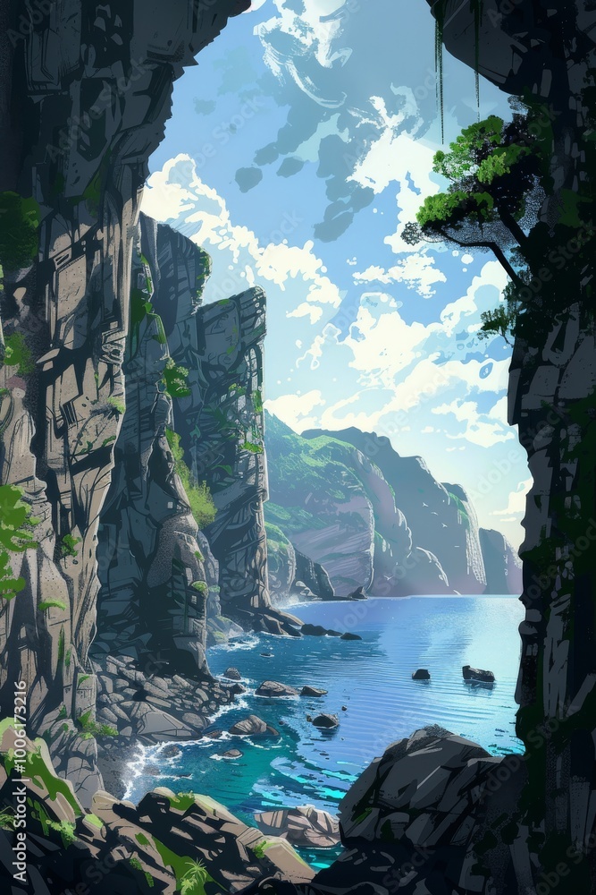 Poster lofi design with back view of coastal cliffs.